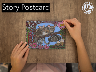 'Possum and Baby Dreaming with Coolamon and Flower Medicine' Aboriginal Art A6 Story PostCard Single by Mirree